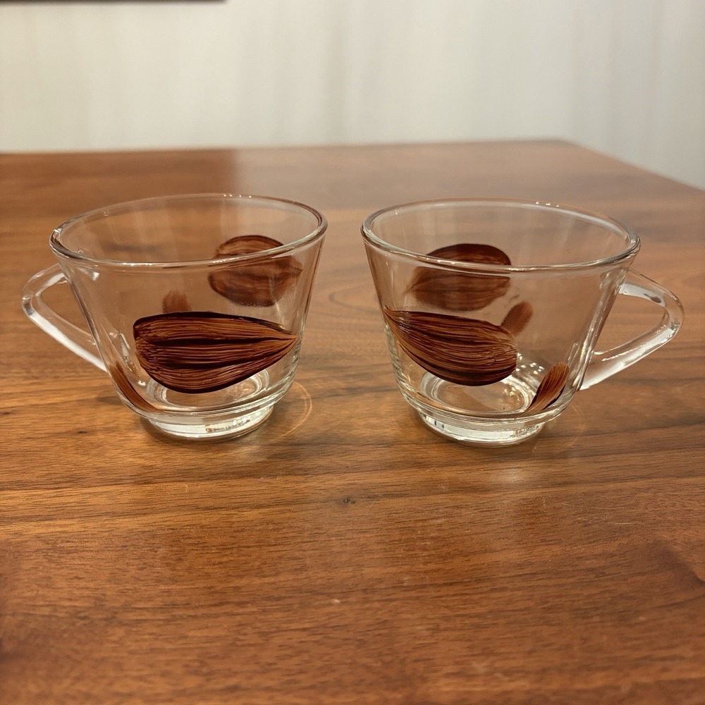 Anchor Hocking Vintage Clear Glass Tea Coffee Mugs Painted Leaves Set of 2 MCM